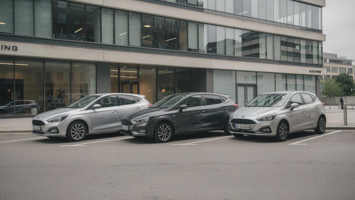 Compact rental cars parked in a row at a city centre pickup desk in Kyiv