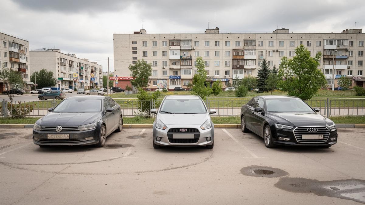 Compact, comfort and business rental cars parked in a row at a Kyiv city lot