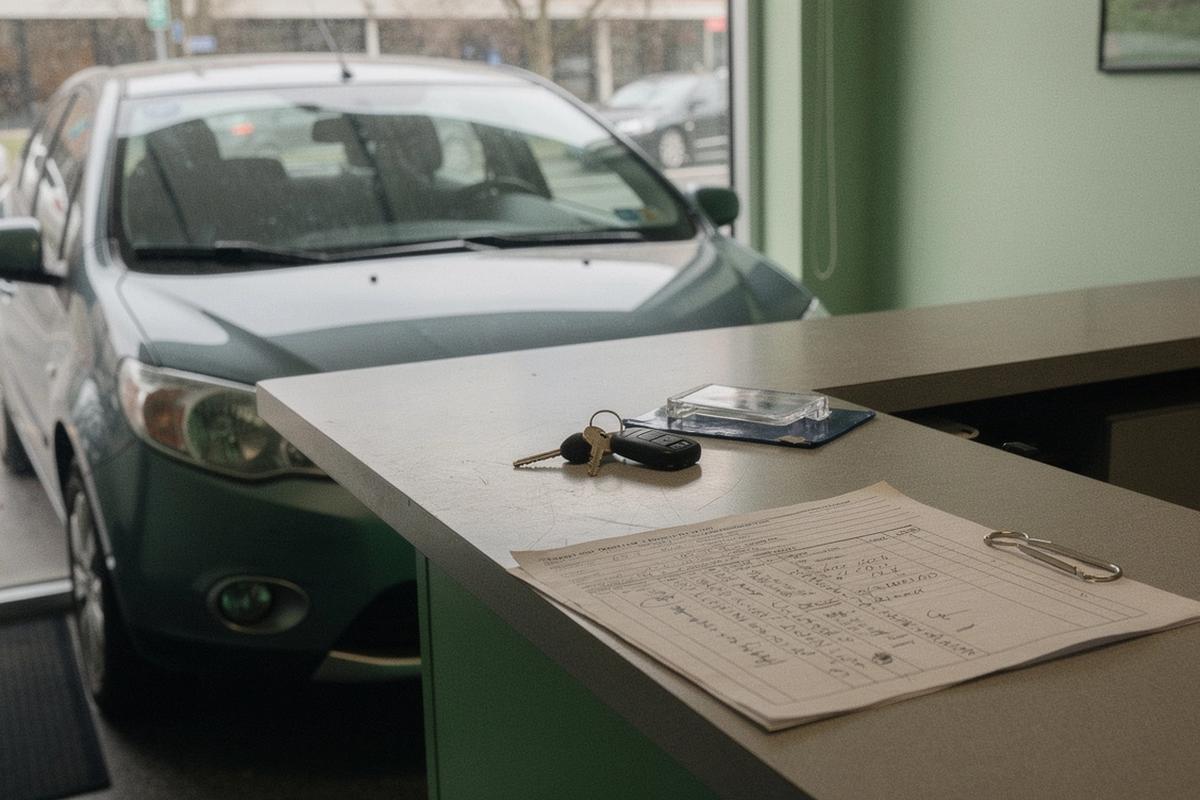 Compact hatchback at a city rental counter with keys and mileage sheet on the desk